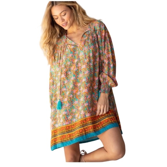 Natural Life Womens Boho Floral Mini Dress Tassel Split Neck Smocked Cuff Large - Picture 2 of 9